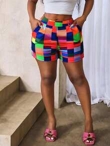 BamGleam Women's Casual Plaid Print Versatile Shorts, Daily Wear - Multicolor - View 2