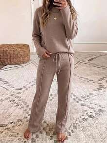 Zayélia Women's Solid Color Stand Collar Long Sleeve T-Shirt And Pants Casual 2 Pieces Set - Khaki - View 3
