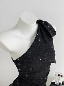 Elamini Sexy Asymmetric Shoulder Bow Tie Ruched Knit Dress, Party, Date, Birthday Party Dress - Black - View 3