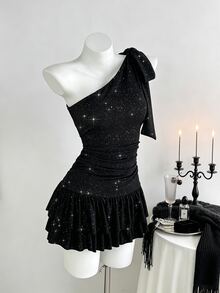Elamini Sexy Asymmetric Shoulder Bow Tie Ruched Knit Dress, Party, Date, Birthday Party Dress - Black - View 1