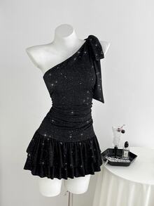 Elamini Sexy Asymmetric Shoulder Bow Tie Ruched Knit Dress, Party, Date, Birthday Party Dress - Black - View 6