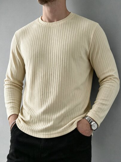 TONEVAULT Light Apricot Waffle Knit Men's Crew Neck Long Sleeve T-Shirt, Minimalist Fashion Casual Style, Spring/Autumn Daily Streetwear Office Date Outfit, Slim Fit Basic Top