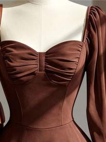 Fine & Folde Strapless Waist-Cinching Petal Sleeve Dress With Lace Trim Hem For Daily, Vacation, Casual, Commute And Date Wear - Coffee Brown - View 5