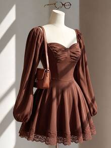 Fine & Folde Strapless Waist-Cinching Petal Sleeve Dress With Lace Trim Hem For Daily, Vacation, Casual, Commute And Date Wear - Coffee Brown - View 3