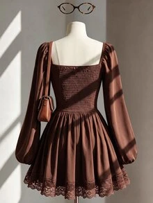 Fine & Folde Strapless Waist-Cinching Petal Sleeve Dress With Lace Trim Hem For Daily, Vacation, Casual, Commute And Date Wear - Coffee Brown - View 2