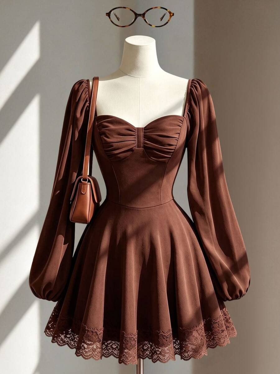 Fine & Folde Strapless Waist-Cinching Petal Sleeve Dress With Lace Trim Hem For Daily, Vacation, Casual, Commute And Date Wear - Coffee Brown - View 1