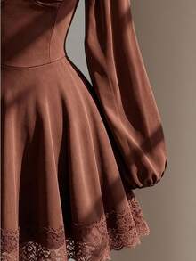 Fine & Folde Strapless Waist-Cinching Petal Sleeve Dress With Lace Trim Hem For Daily, Vacation, Casual, Commute And Date Wear - Coffee Brown - View 4