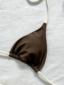 SHEIN Swim 拼色比基尼套裝，包含掛脖三角上衣與高腰包臀短褲，修身顯瘦，適合海灘旅行、海邊度假與溫泉夏季假期泳裝 - 咖啡棕 - 查看 8