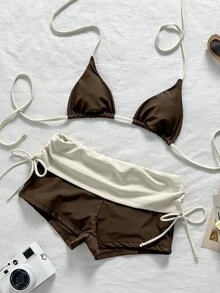 SHEIN Swim 拼色比基尼套裝，包含掛脖三角上衣與高腰包臀短褲，修身顯瘦，適合海灘旅行、海邊度假與溫泉夏季假期泳裝 - 咖啡棕 - 查看 5