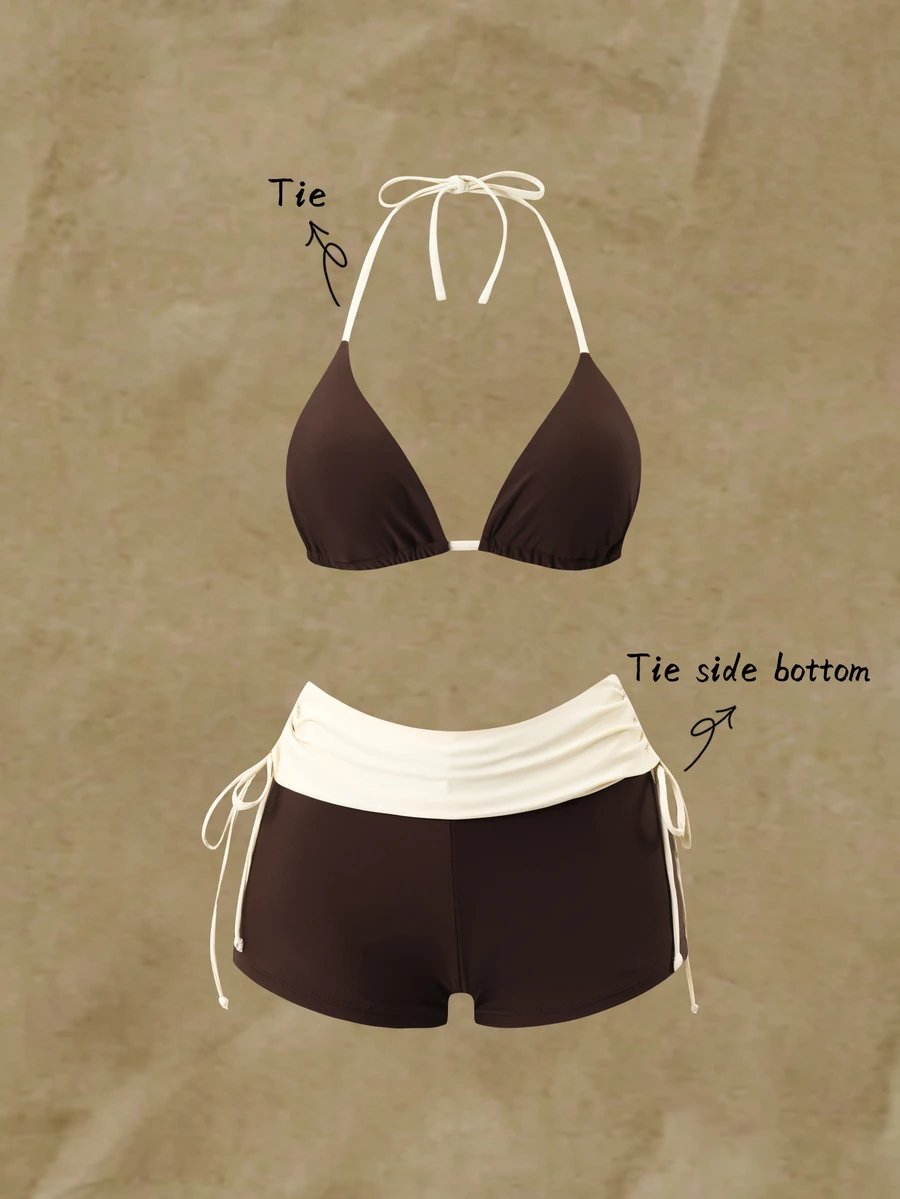 SHEIN Swim 拼色比基尼套裝，包含掛脖三角上衣與高腰包臀短褲，修身顯瘦，適合海灘旅行、海邊度假與溫泉夏季假期泳裝