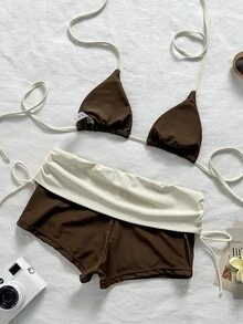 SHEIN Swim 拼色比基尼套裝，包含掛脖三角上衣與高腰包臀短褲，修身顯瘦，適合海灘旅行、海邊度假與溫泉夏季假期泳裝 - 咖啡棕 - 查看 3