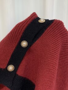 Glamine Charm 女款拼色休閒法式優雅百搭日常開襟衫 紅黑配色 秋季適用 適合早午餐與茶會 - 紅色 - 查看 5