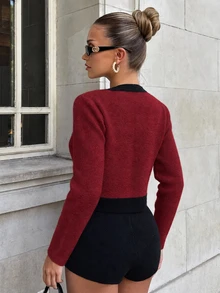 Glamine Charm 女款拼色休閒法式優雅百搭日常開襟衫 紅黑配色 秋季適用 適合早午餐與茶會 - 紅色 - 查看 2