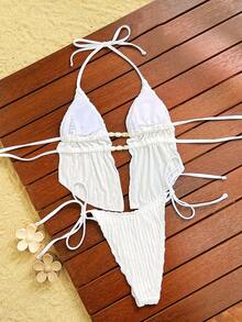SHEIN Swim 女士夏季纯色提花面料抹胸系带露背比基尼套装，性感可爱女孩沙滩泳装 - 白色 - 查看 2