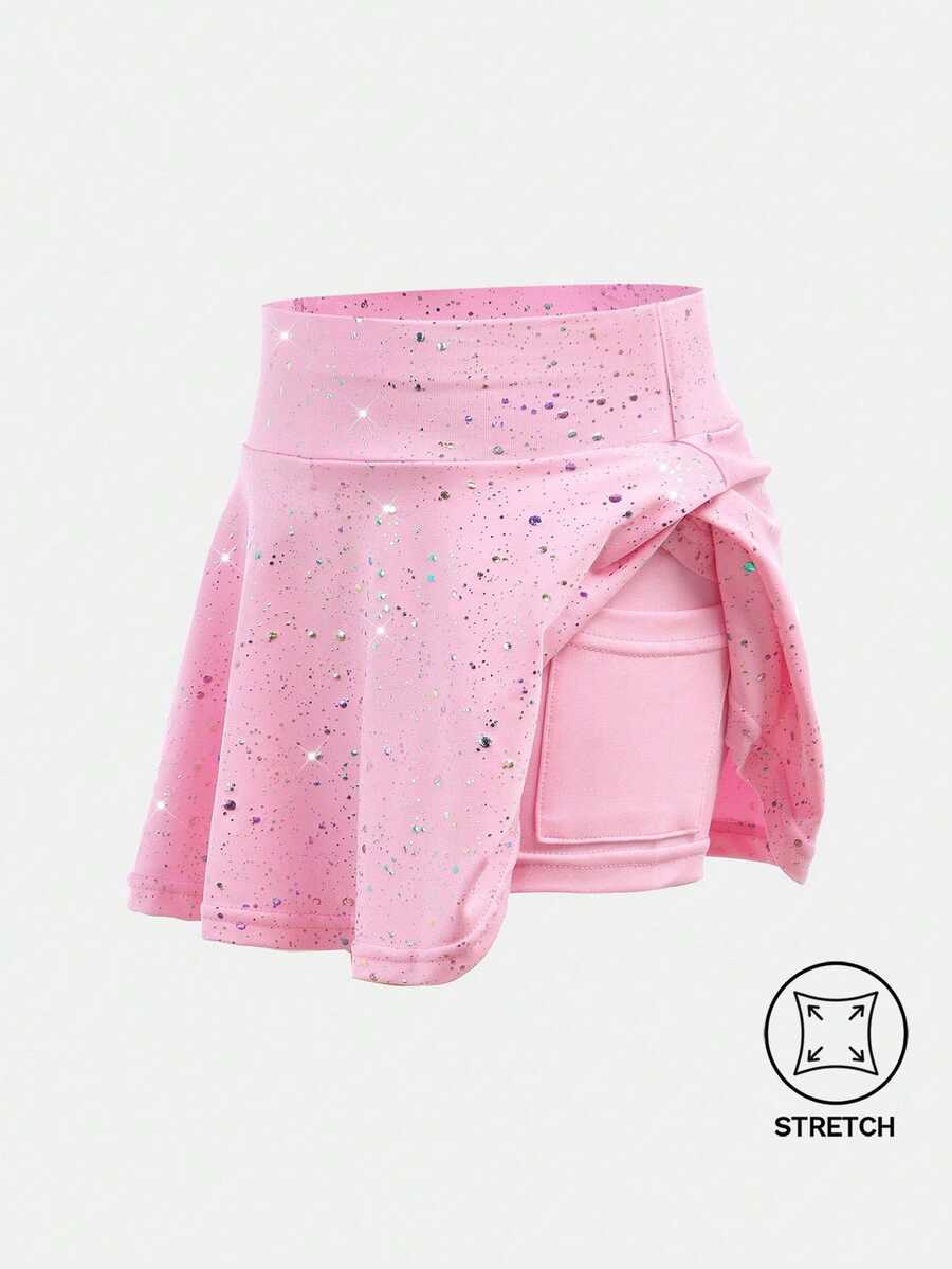 SHEIN 年轻女孩运动服弹力星空印花舒适透气粉色裙子，适合瑜伽、室内舞蹈