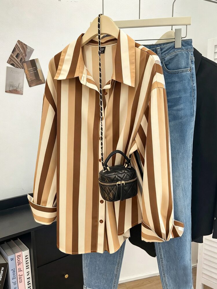 Franclia Plus Size Brown Striped Casual 1960s 90s Woven Long Sleeve Shirt, Summer/ Office Formal Fall - Khaki - View 3