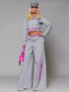 MUSERA Printed Graphic Elasticated Drawstring Stripe Waist Loose Fit Jogger Trouser Autumn Fall Winter Daily Back To School Pink Pony - Grey - View 1