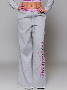 MUSERA Printed Graphic Elasticated Drawstring Stripe Waist Loose Fit Jogger Trouser Autumn Fall Winter Daily Back To School Pink Pony - Grey - View 2