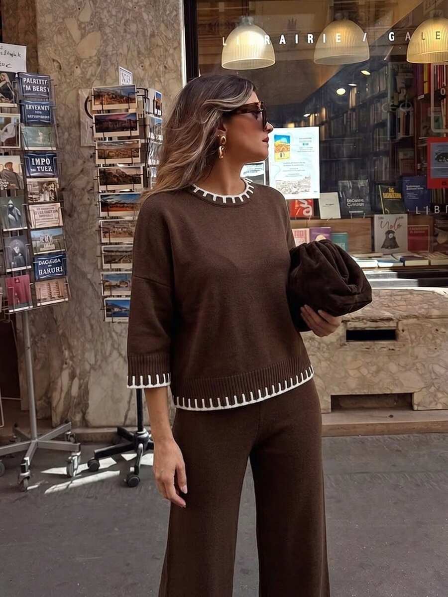 Serisse طقم ملابس منزلية منسق بأكمام قصيرة من نسيج محبوك مخطط بني مع حواف متباينة، كاجوال لفصل الخريف ووجبات البرانش - بني - مشاهدة 1