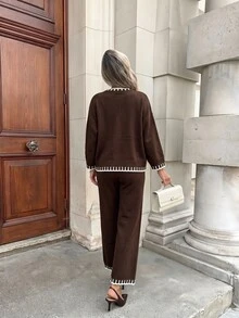 Serisse طقم ملابس منزلية منسق بأكمام قصيرة من نسيج محبوك مخطط بني مع حواف متباينة، كاجوال لفصل الخريف ووجبات البرانش - بني - مشاهدة 4