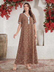 Al Najma 优雅别致的撞色拼接阿拉伯女式连衣裙，阿拉伯连衣裙 - 咖啡棕 - 查看 4