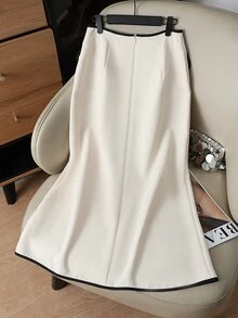 Franclia 米色带黑色滚边开衩下摆半身裙，优雅女士春夏装 - 杏色 - 查看 2