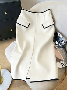 Franclia 米色带黑色滚边开衩下摆半身裙，优雅女士春夏装 - 杏色 - 查看 3