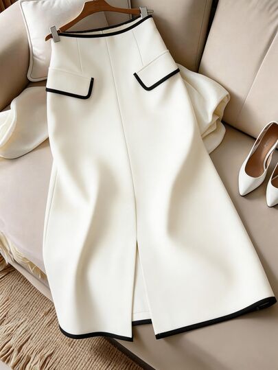 Franclia 2026 Spring & Summer Women's Elegant White And Black High-Waisted Slit Midi Suit Skirt,Office Business Formal Commute Wear Pencil Skirt With Binding