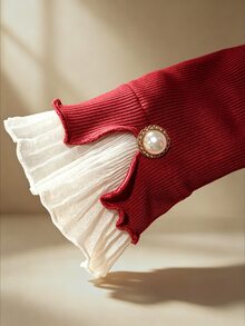 RosyDaze Autumn/Winter Sweet & Gentle Style Pink Ribbed Knit Base Layer Top, Chiffon Frill Trim Semi-High Neck Pearl Button Fitted Flared Long Sleeve T-Shirt, Versatile Inner Top For Commute And Date - Burgundy - View 4