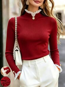 RosyDaze Autumn/Winter Sweet & Gentle Style Pink Ribbed Knit Base Layer Top, Chiffon Frill Trim Semi-High Neck Pearl Button Fitted Flared Long Sleeve T-Shirt, Versatile Inner Top For Commute And Date - Burgundy - View 1