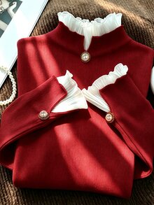 RosyDaze Autumn/Winter Sweet & Gentle Style Pink Ribbed Knit Base Layer Top, Chiffon Frill Trim Semi-High Neck Pearl Button Fitted Flared Long Sleeve T-Shirt, Versatile Inner Top For Commute And Date - Burgundy - View 6