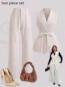 GlowEve CURVE Plus Size Women's Casual Striped V-Neck Sleeveless Shirt And Pants Set - Multicolor - View 1