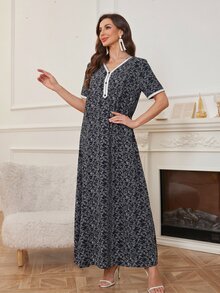 Al Najma 优雅别致的撞色拼接阿拉伯女式连衣裙，阿拉伯连衣裙 - 黑色 - 查看 3
