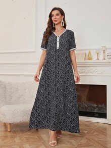 Al Najma 优雅别致的撞色拼接阿拉伯女式连衣裙，阿拉伯连衣裙 - 黑色 - 查看 5
