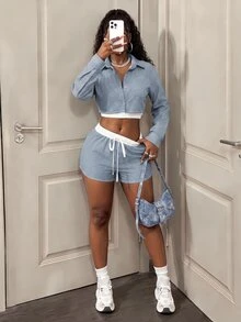 BamGleam 2pcs Women Casual Striped Button Front Crop Top And Shorts Set - Dusty Blue - View 5