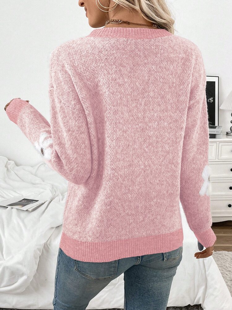 EMERY ROSE Women's Casual Fuzzy Floral Pattern Round Neck Drop Shoulder Long Sleeve Autumn/Winter Knit Pullover Sweater - Multicolor - View 2
