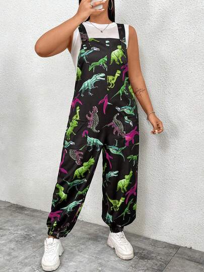 Flirla Jumpsuit Wanita Ukuran Besar Motif Dinosaurus Musim Gugur