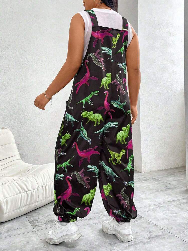 Flirla Plus Size Women Dinosaur Print Jumpsuit Fall - Multicolor - View 2