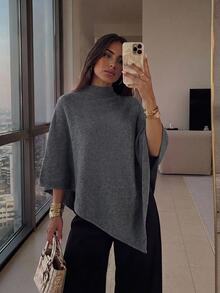 Aloruh Women's Autumn/Winter New Shawl Cape Sweater, Khaki Color, Loose Fit, Versatile Outerwear, Elegant Knitwear Suitable For Commuting, Daily, Casual, Outing, Warm Home Wear - Dark Grey - View 3