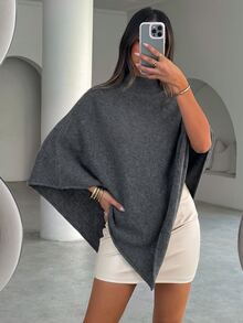 Aloruh Women's Autumn/Winter New Shawl Cape Sweater, Khaki Color, Loose Fit, Versatile Outerwear, Elegant Knitwear Suitable For Commuting, Daily, Casual, Outing, Warm Home Wear - Dark Grey - View 5