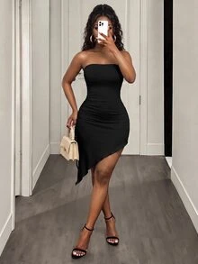 BamGleam Drawstring Side Asymmetrical Hem Tube Bodycon Dress - Black - View 3