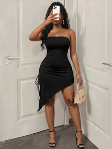 BamGleam Drawstring Side Asymmetrical Hem Tube Bodycon Dress - Black - View 5