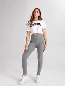 SHEIN Teen Girl Knit Fitted Basic Solid Color Wide Waistband Leggings - Black - View 3