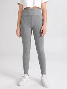 SHEIN Teen Girl Knit Fitted Basic Solid Color Wide Waistband Leggings - Black - View 5