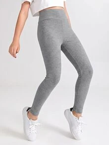 SHEIN Teen Girl Knit Fitted Basic Solid Color Wide Waistband Leggings - Black - View 7