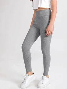 SHEIN Teen Girl Knit Fitted Basic Solid Color Wide Waistband Leggings - Black - View 4