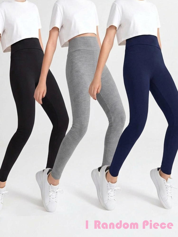 SHEIN Teen Girl Knit Fitted Basic Solid Color Wide Waistband Leggings - Black - View 6