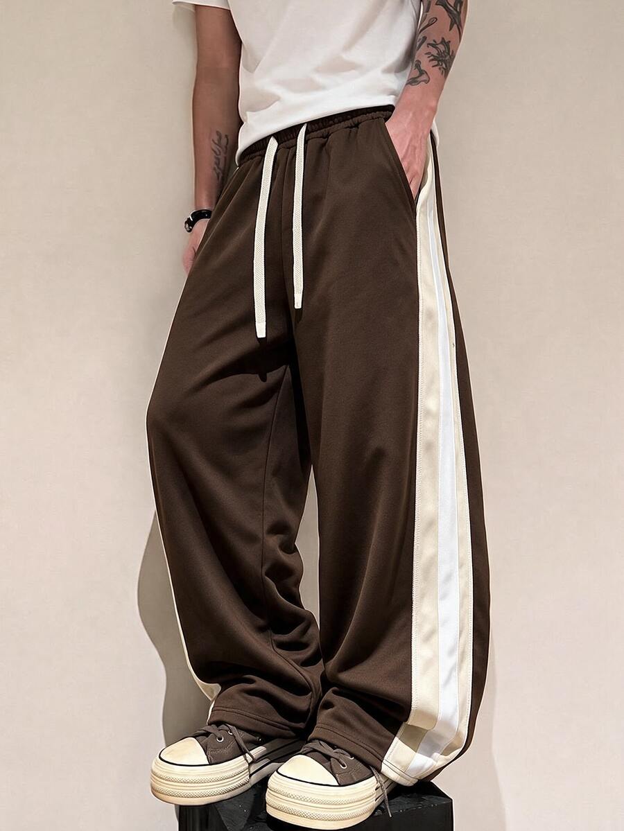STEELVANCE Men's Casual Streetwear Versatile Colorblock Patchwork Sweatpants Jogging Running Brown Striped Summer - Coffee Brown - View 1