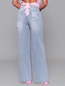 MUSERA Celana Jeans Denim Sobek Berpinggang Rendah Longgar Model Baggy Fit Musim Gugur Musim Dingin Sehari-hari Kembali ke Sekolah Pink Pony - Biru - View 4