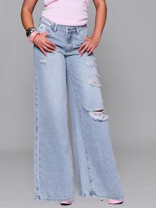 MUSERA Celana Jeans Denim Sobek Berpinggang Rendah Longgar Model Baggy Fit Musim Gugur Musim Dingin Sehari-hari Kembali ke Sekolah Pink Pony - Biru - View 2